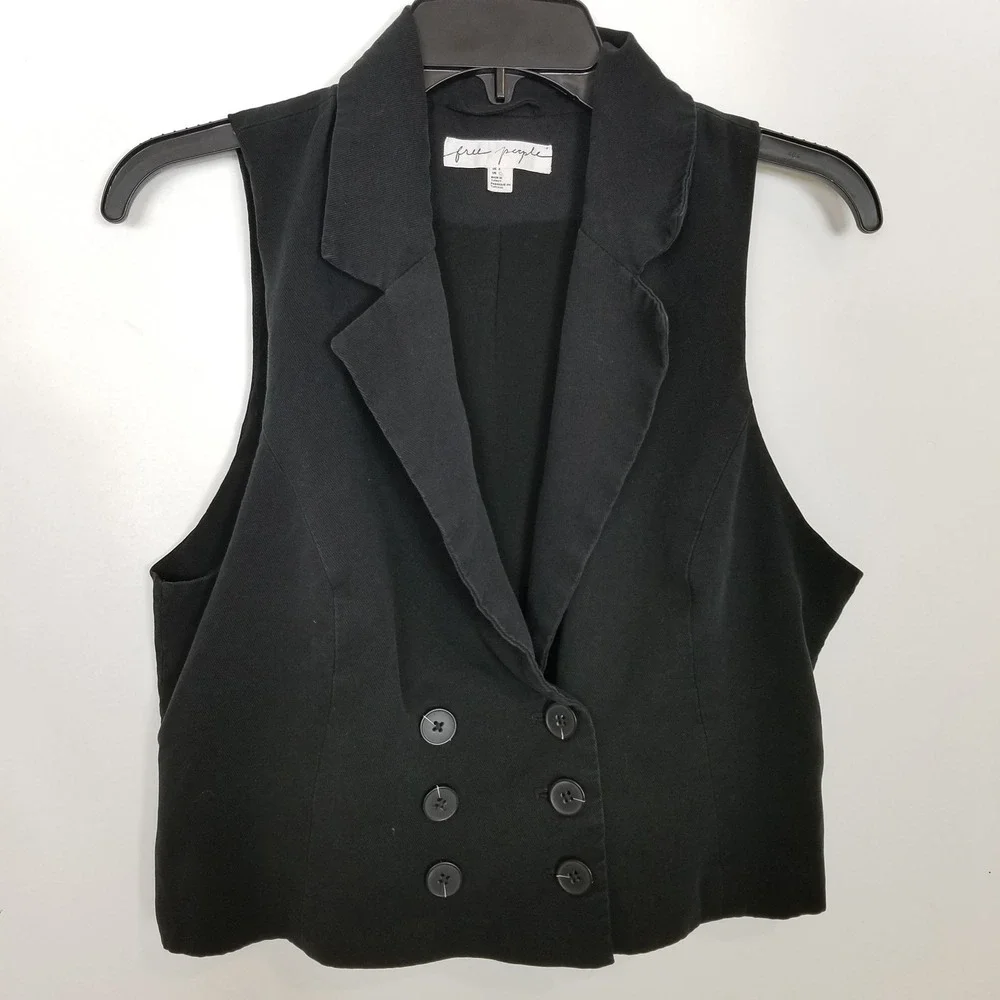 Free People‎ Gabbie Vest Top Sz 8 Black Double Breasted Sleeveless Boho Cropped